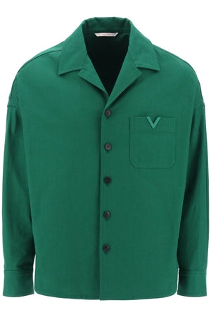 VALENTINO GARAVANI Stretch Cotton Canvas Overshirt with V Detail for Men in Green