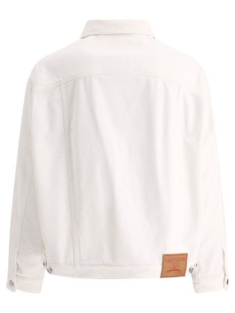 VALENTINO White Denim Jacket with Rubberised V Detail for Men - SS24 Collection