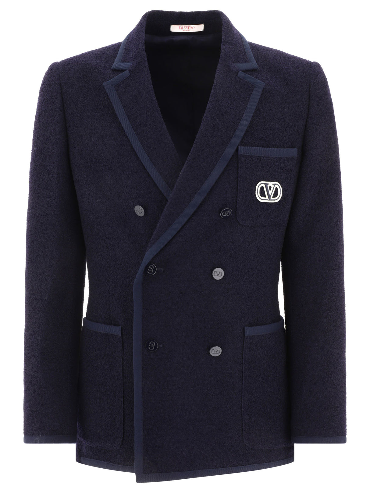 VALENTINO Navy Bouclé Wool Blazer with VLogo Signature Embroidered for Men - SS24