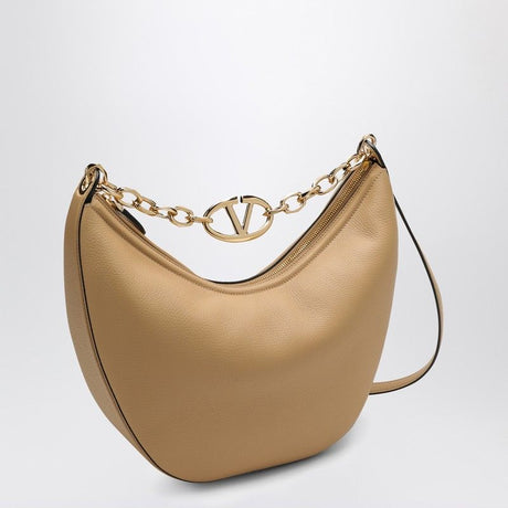 VALENTINO GARAVANI Tan Grained Leather Medium Hobo Handbag with Detachable Shoulder Strap and Gold-Tone Hardware