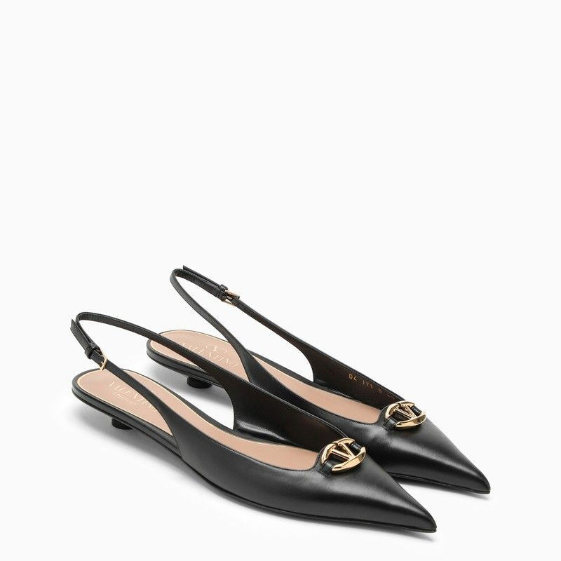 VALENTINO GARAVANI Slingback Ballerina - Black Leather Shoes with VLogo Detailing & Oval Heel