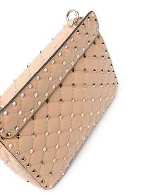 Powder Pink Quilted Leather Handbag with Decorative Studs and Chain Strap for Women