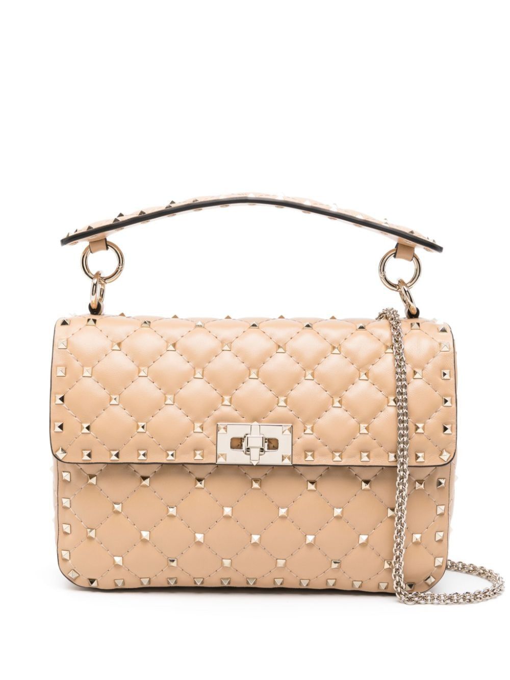 Powder Pink Quilted Leather Handbag with Decorative Studs and Chain Strap for Women