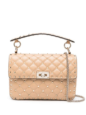 Powder Pink Quilted Leather Handbag with Decorative Studs and Chain Strap for Women