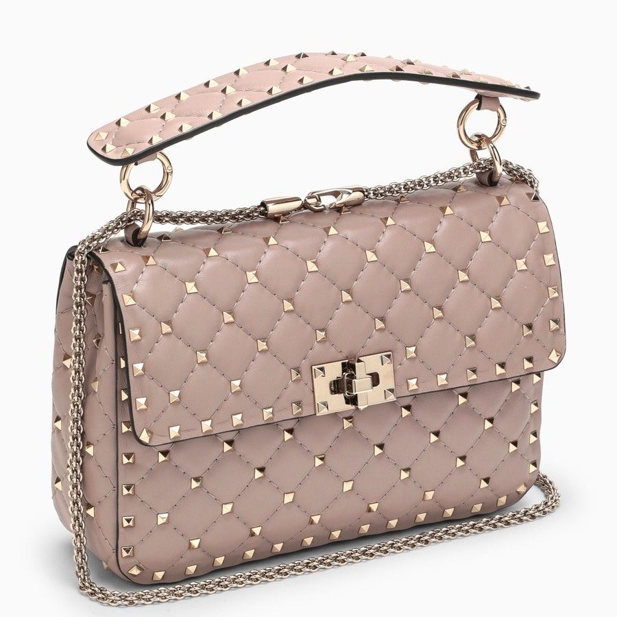 Powder Pink Quilted Leather Handbag with Decorative Studs and Chain Strap for Women