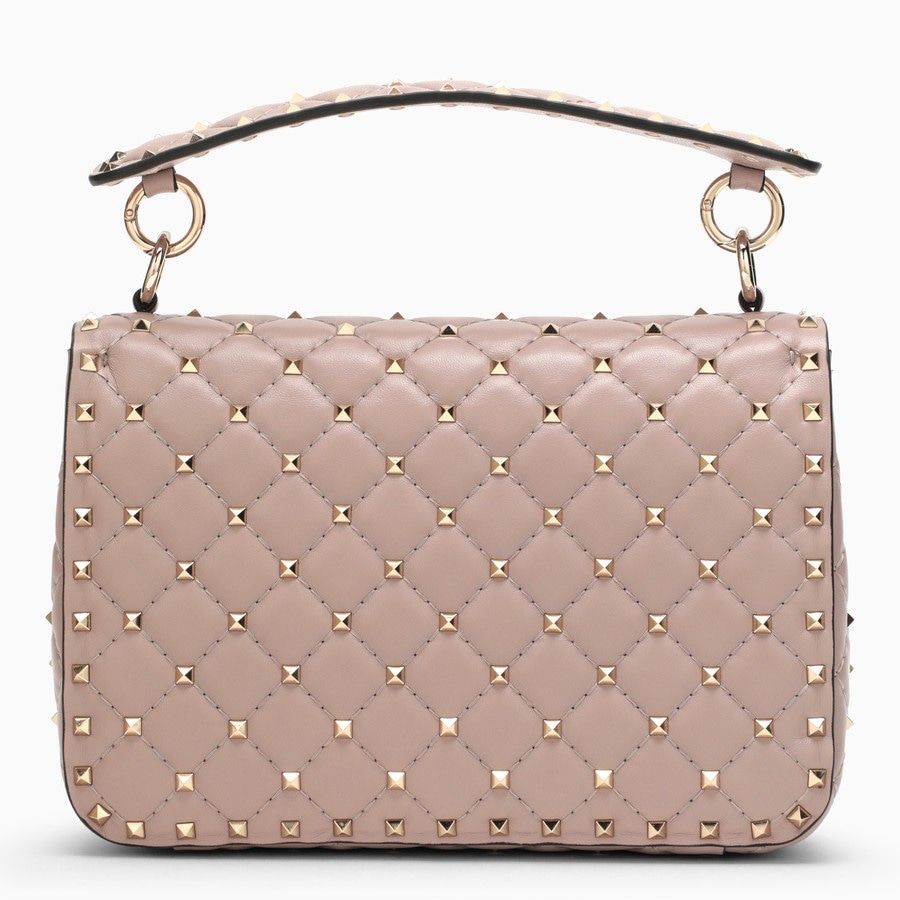 Powder Pink Quilted Leather Handbag with Decorative Studs and Chain Strap for Women