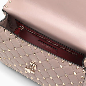 Powder Pink Quilted Leather Handbag with Decorative Studs and Chain Strap for Women