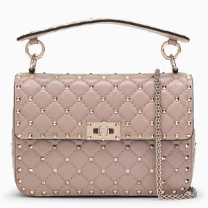 Powder Pink Quilted Leather Handbag with Decorative Studs and Chain Strap for Women