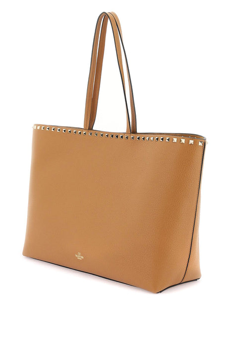 VALENTINO GARAVANI Light Brown Grained Calfskin Rockstud Tote Handbag for Women