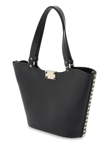 Iconic Platinum Studs Tote Handbag in Black Hammered Leather - SS24