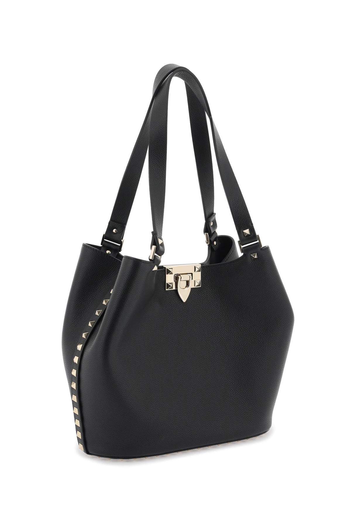 Iconic Studs Tote Handbag in Black Hammered Leather for Women - SS24