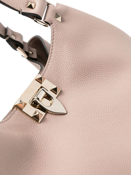 VALENTINO GARAVANI Powder Pink Pebbled Leather Tote with Gold-Tone Rockstud Detailing and Clasp Closure