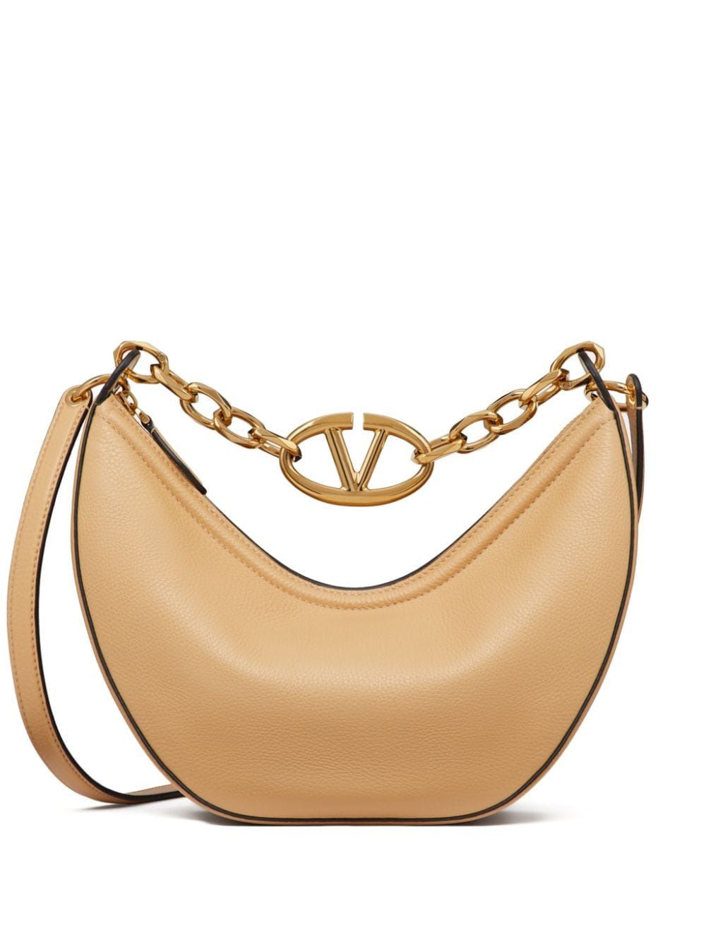 VALENTINO Tan Calf Leather Small Hobo Handbag with VLOGO Detail, SS24