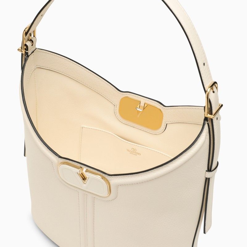 VALENTINO GARAVANI Ivory Leather Shoulder Handbag with Adjustable Handle and VLogo Plaque