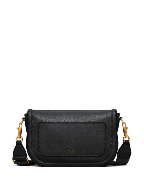 VALENTINO GARAVANI Brown Grained Leather Shoulder Handbag with Gold Vlogo Appliqué