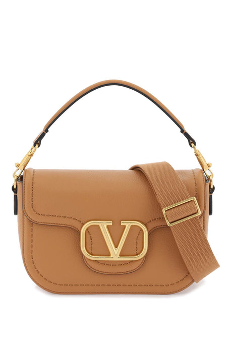 Brown Grained Calfskin Shoulder Handbag with Gold-Tone Metal Signature Detail