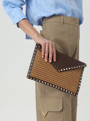 Tobacco-colored Studded Leather Pochette for Women