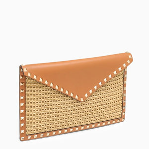 Beige Clutch with Synthetic Raffia and Leather Details for Women