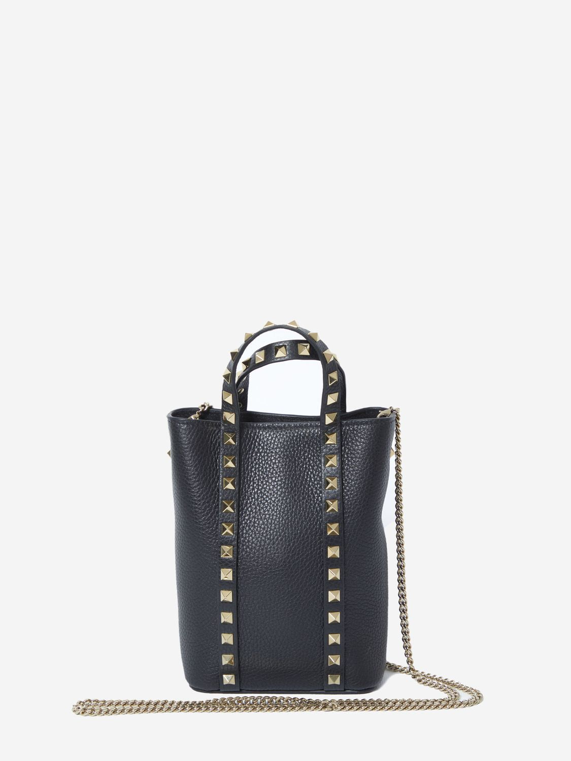 VALENTINO GARAVANI Black Grained Calfskin Rockstud Chain Pouch Handbag