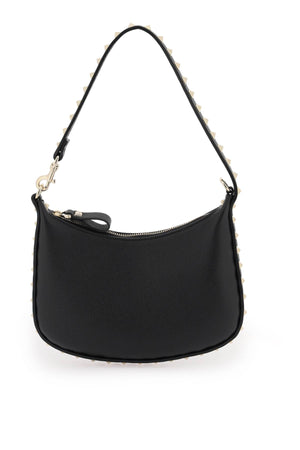 VALENTINO GARAVANI Mini Rockstud Hobo Handbag in Black Grained Leather with Platinum Studs - 20x12.5x1.5 cm