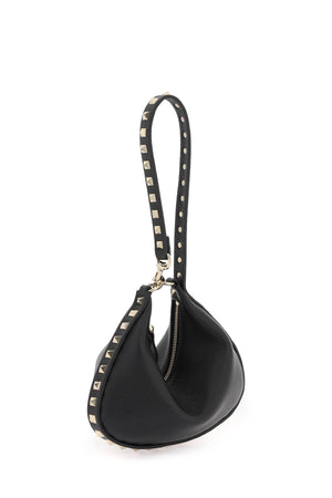 VALENTINO GARAVANI Mini Rockstud Hobo Handbag in Black Grained Leather with Platinum Studs - 20x12.5x1.5 cm