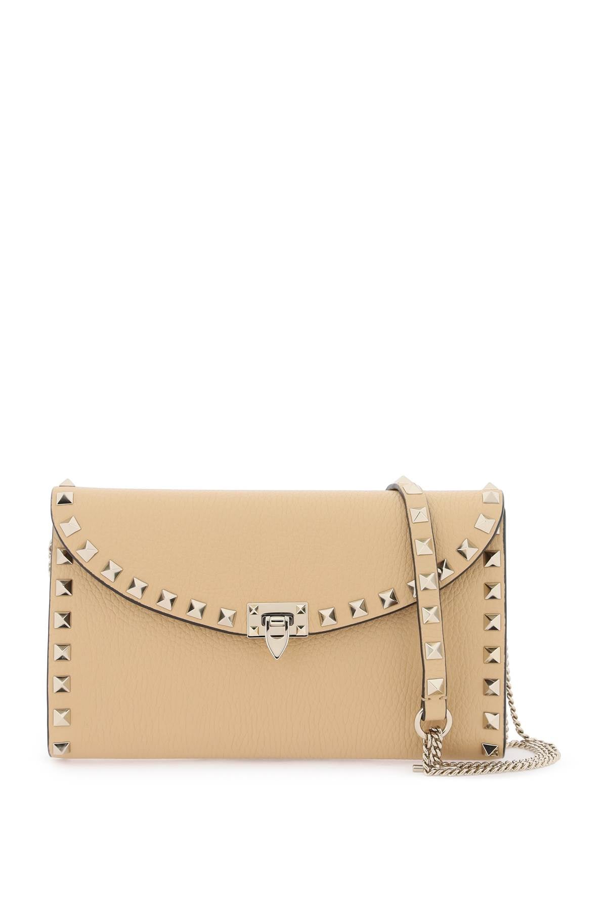 Beige Mini Clutch for Women with Platinum-Finished Rockstud Studded Leather