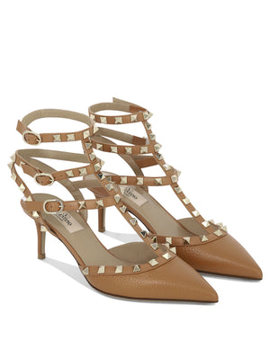 VALENTINO GARAVANI Brown Rockstud Pumps for Women - Adjustable Buckle Closures, Platinum Finish Studs