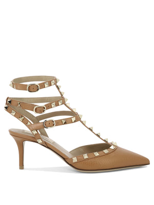 VALENTINO GARAVANI Brown Rockstud Pumps for Women - Adjustable Buckle Closures, Platinum Finish Studs