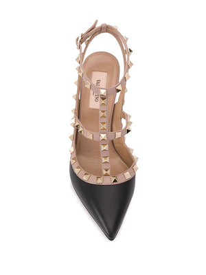 Giày Búp Bê Slingback Da Rockstud - Đen/Beige