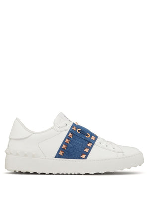 White Leather Rockstud Untitled Sneaker with Denim Strap