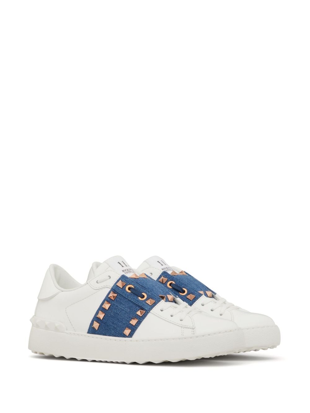 White Leather Rockstud Untitled Sneaker with Denim Strap