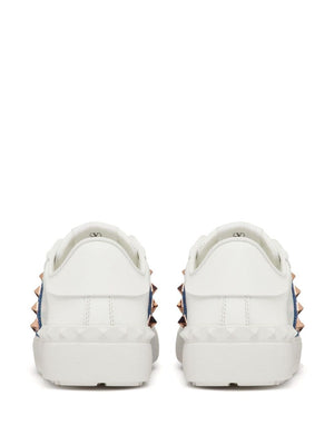 White Leather Rockstud Untitled Sneaker with Denim Strap