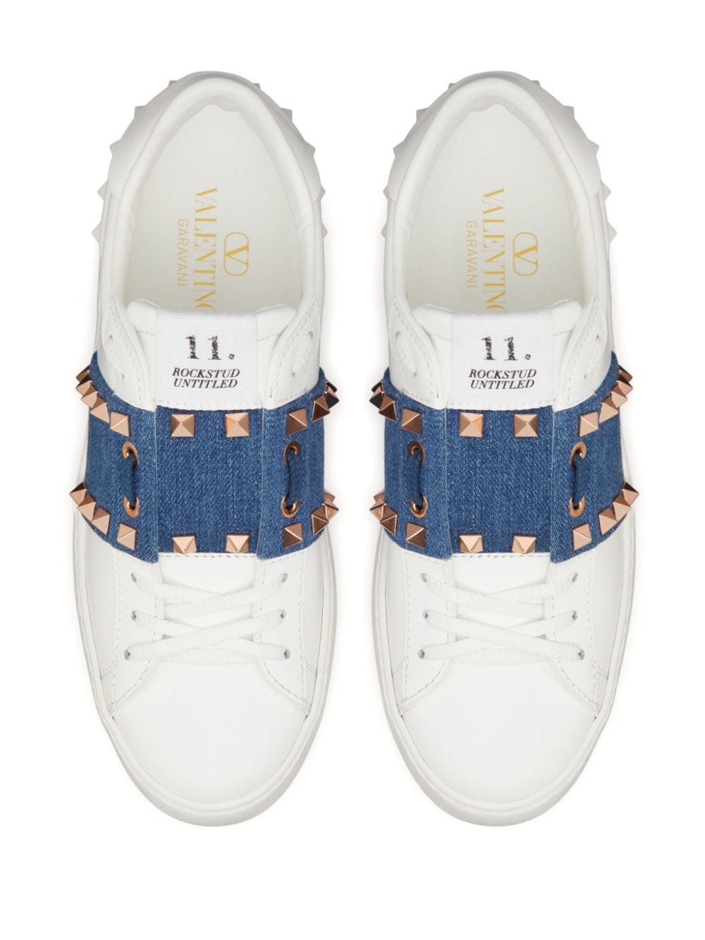 White Leather Rockstud Untitled Sneaker with Denim Strap