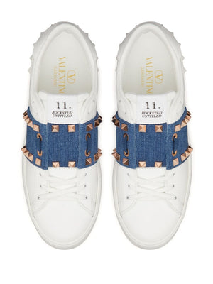 White Leather Rockstud Untitled Sneaker with Denim Strap