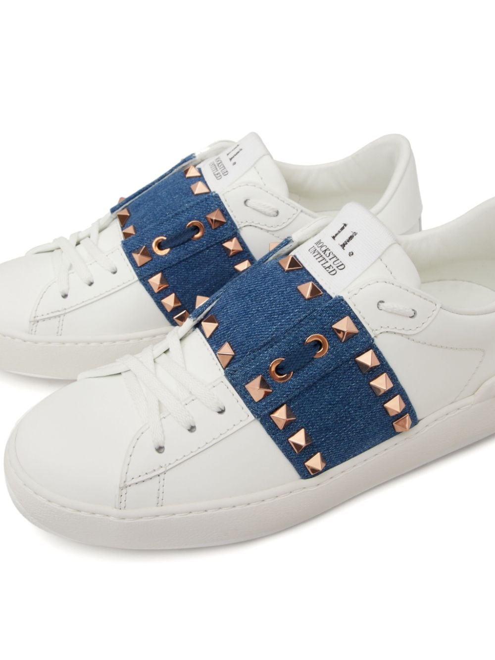 White Leather Rockstud Untitled Sneaker with Denim Strap