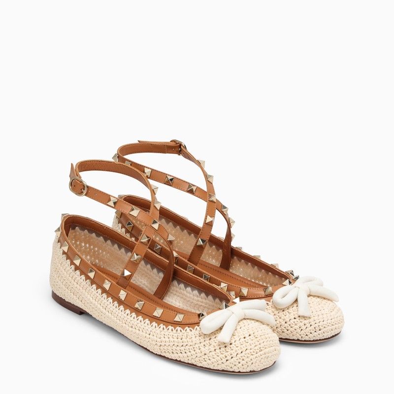 Beige Raffia and Leather Ballerina with Bow, Ankle Strap, and Stud Details