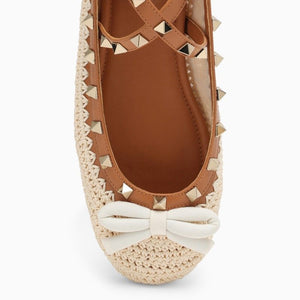 Beige Raffia and Leather Ballerina with Bow, Ankle Strap, and Stud Details