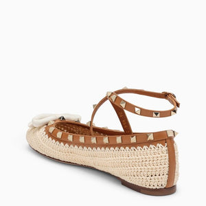 Beige Raffia and Leather Ballerina with Bow, Ankle Strap, and Stud Details