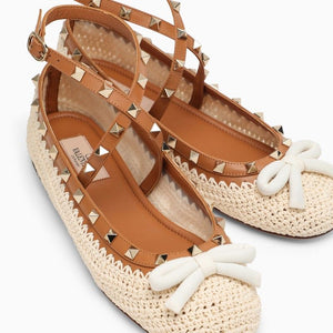 Beige Raffia and Leather Ballerina with Bow, Ankle Strap, and Stud Details