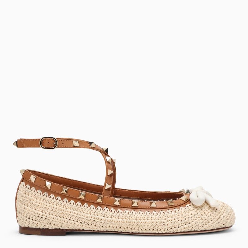 Beige Raffia and Leather Ballerina with Bow, Ankle Strap, and Stud Details