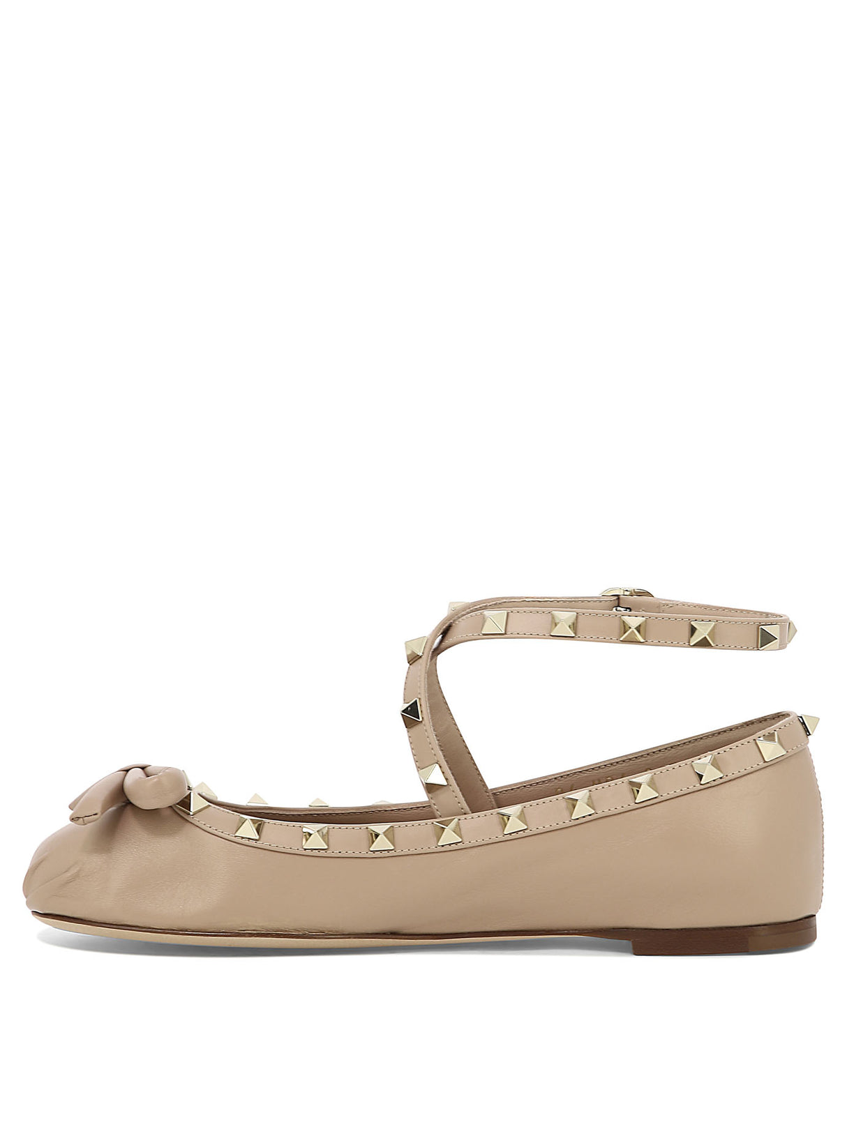 Pink Leather Studded Ballet Flats with Ankle Strap and Bow Detail