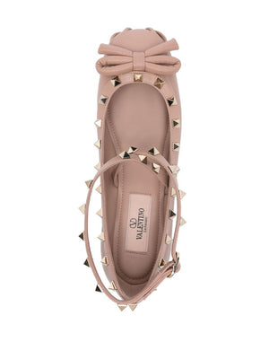 Pink Leather Studded Ballet Flats with Ankle Strap and Bow Detail