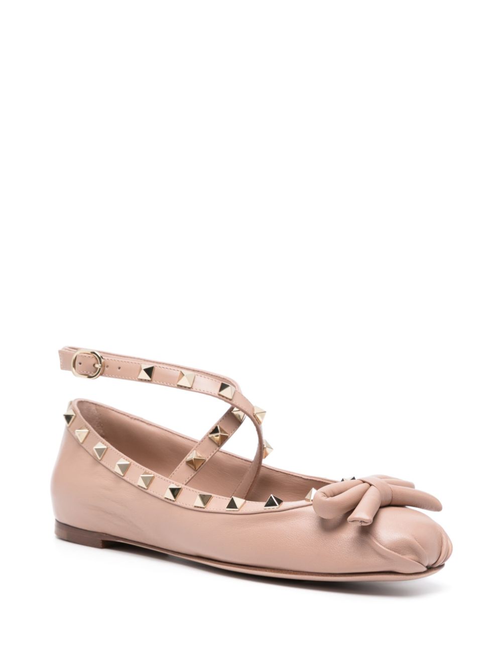 Pink Leather Studded Ballet Flats with Ankle Strap and Bow Detail