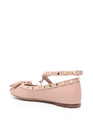 Pink Leather Studded Ballet Flats with Ankle Strap and Bow Detail