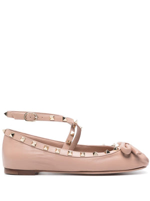 Pink Leather Studded Ballet Flats with Ankle Strap and Bow Detail