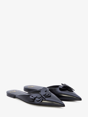 Black Pointed Leather Flats with Butterfly Appliqué for Women