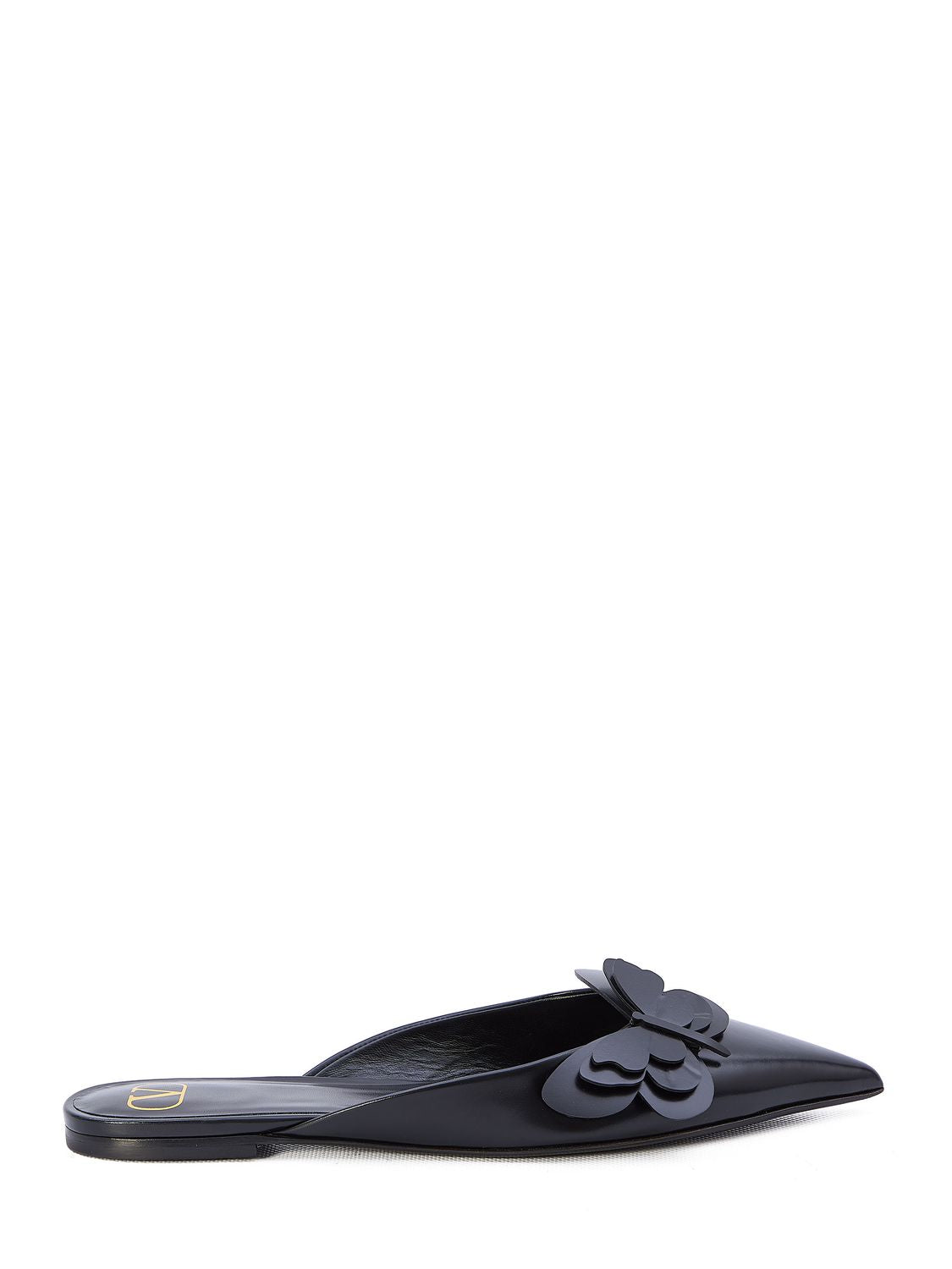 Black Pointed Leather Flats with Butterfly Appliqué for Women