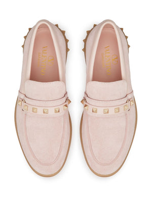 VALENTINO GARAVANI Blush Pink Leather Loafers with Signature Rockstud Detailing for Women