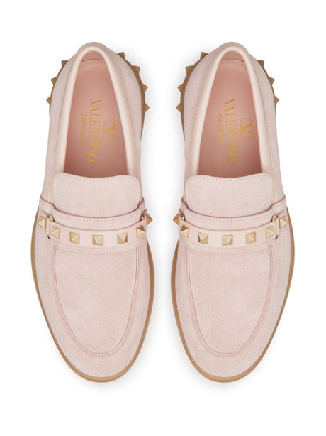 VALENTINO GARAVANI Blush Pink Leather Loafers with Signature Rockstud Detailing for Women