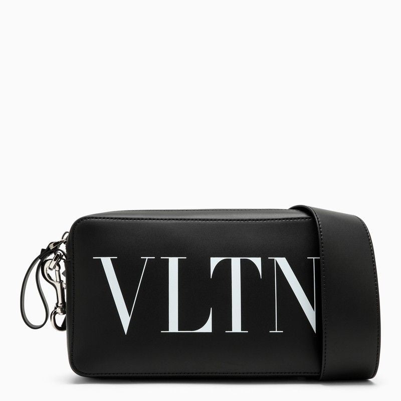 Contrasting VLTN Logo Black Leather Shoulder Handbag for Men